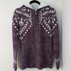 Kismet Purple Wool Zip-Up Hoodie Sweater Cardigan Nordic Pattern Fuzzy Hood
